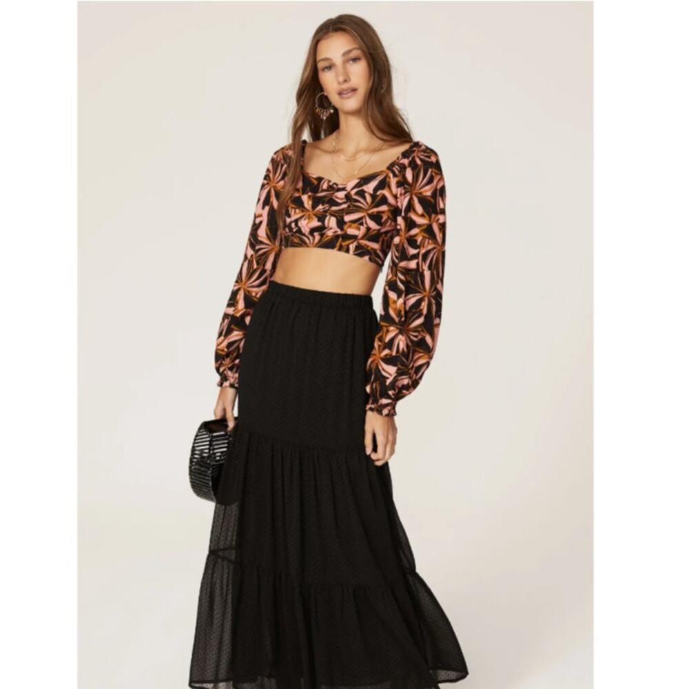 Minkpink Ziba Floral Puff Sleeve Cropped Blouse Black Pink XS